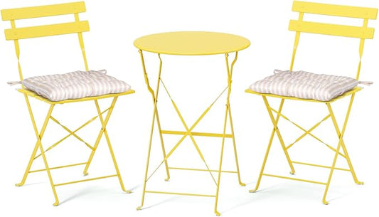 VINGLI Outdoor Folding Bistro Table and Chairs Set of 2, 3-Piece Bistro Set with Premium Steel Frame and Comfortable Cushions for Patio, Balcony, Garden, Porch, Yard, Yellow