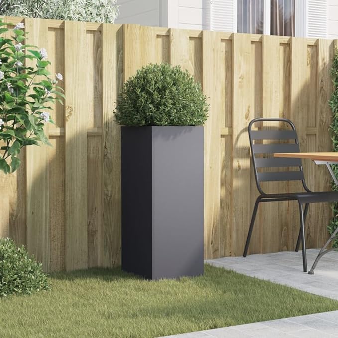 Modern Anthracite Metal Planter with Decorative Inlays, Durable Cold-Rolled Steel Construction for Indoor and Outdoor Use, Sleek Design with Efficient Drainage System