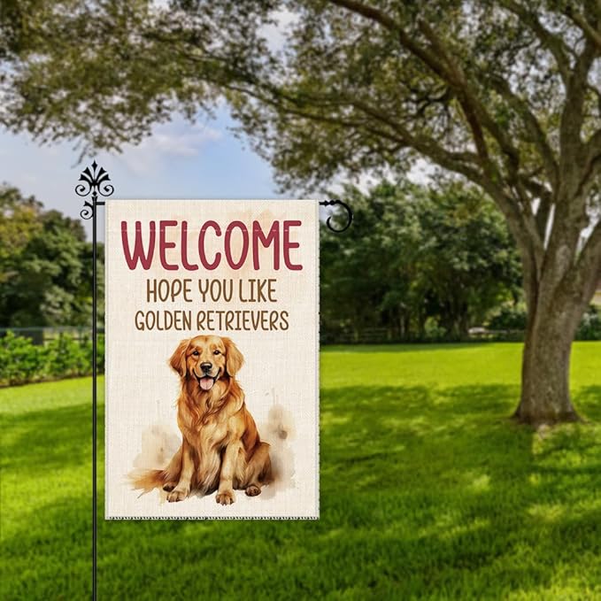 Hafhue Welcome Hope You Like Golden Retrievers Garden Flag, 12x18 In Double Sided Printing Holiday Yard Outdoor Farmhouse Home Lawn Exterior Porch Decoration Flag, Housewarming Gifts for Dog Owner