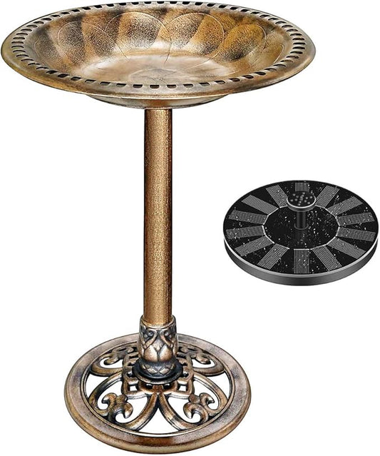 VIVOHOME Bird Bath with Solar Fountain for Outside, Polyresin Pedestal Bird Baths with Solar Powered Pump for Outdoor, Garden, Weather-Resistant Birdbaths with 20" Bowl, Golden