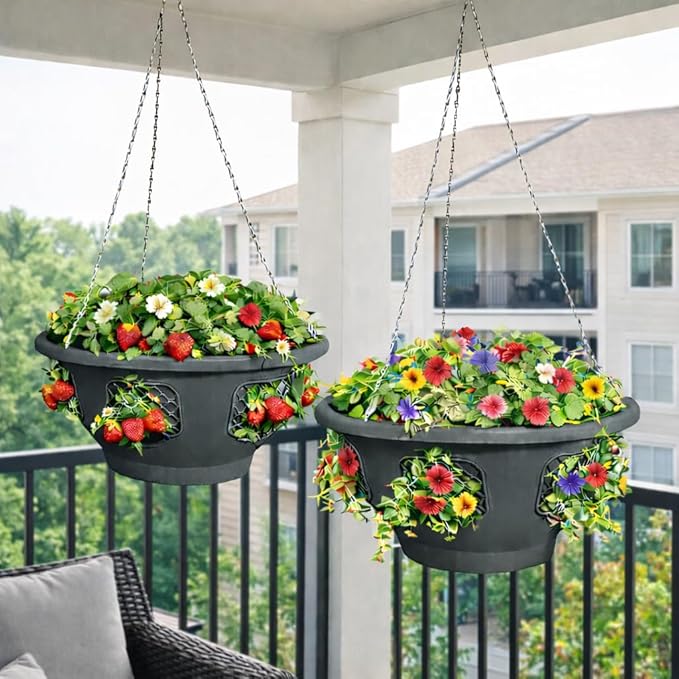 Hanging Planter Basket 10 Pack Bulk, Easy Fill Strawberry Planter, Outdoor Hanging Basket with Side Planting Panels, Durable UV Resistant Planters, Made in USA, 10, Gray