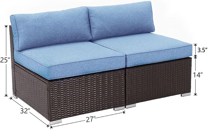 COSIEST 2-Piece Outdoor Furniture Add-on Armless Chairs for Expanding Chocolate Brown Wicker Sectional Sofa Set w Heritage Blue Thick Cushions for Garden, Pool, Backyard