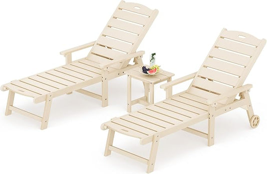 LUE BONA Chaise Lounge Chairs Set with Table, 3-Piece, 79'' Oversized HDPS Material, 5 Positions Adjustable Patio Lounge Chairs, Pool Lounge Chair with Wheels for Poolside, 3-Year Warranty, Sand