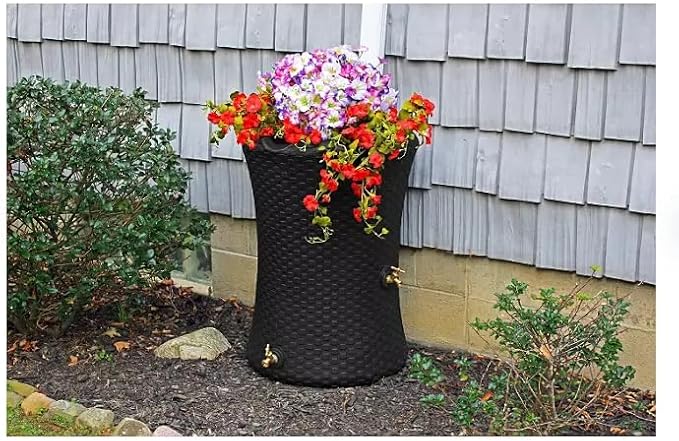 Beautiful Nantucket Wicker Rain Barrel with Planter top, 50 Gallon, The New Way reinvents How You Harvest rainwater. Decorave Design for Garden, Backyard or Patio. (Black, 50 Gallon)