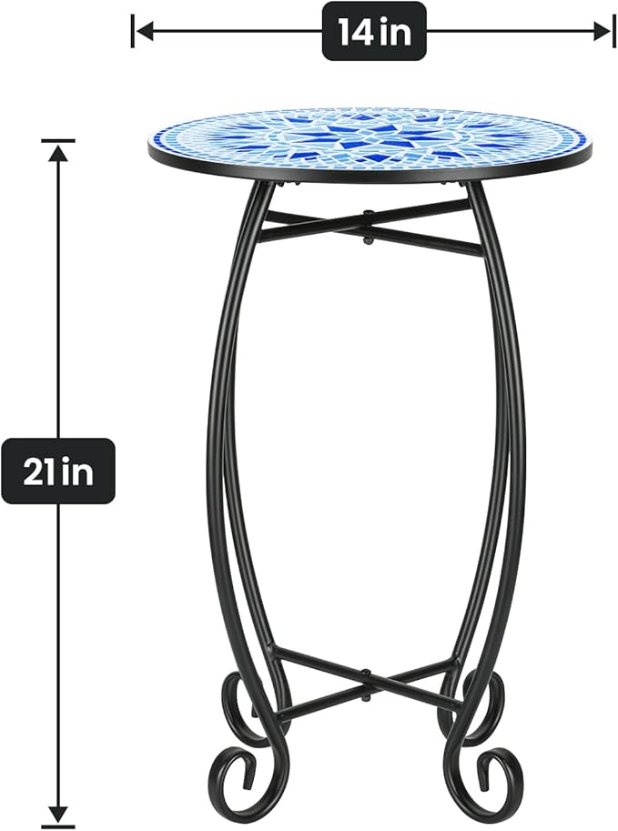 14" Round Outdoor Side Table, Metal Scrollwork Accent End Table with Unique Relief Ceramic Tile Tabletop, Coffee Tea Table Nightstand for Living Room, Bedroom