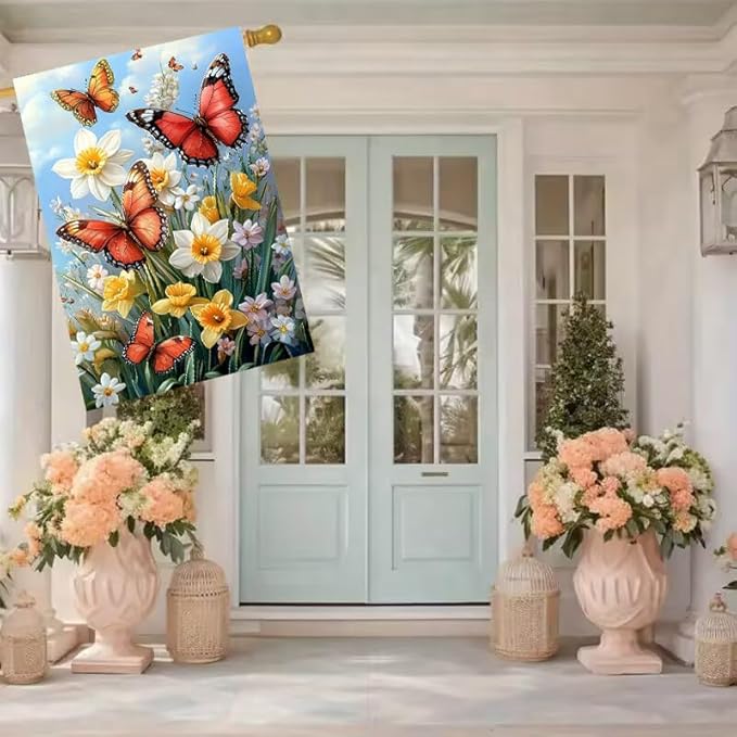 Large Spring Summer Garden Flags for Outside 28 x 40 Double Sided, Burlap Spring Summer House Flag, Large Outdoor Yard Flags Butterfly Daffodil Floral Decorations Farmhouse Patio Garden Decor