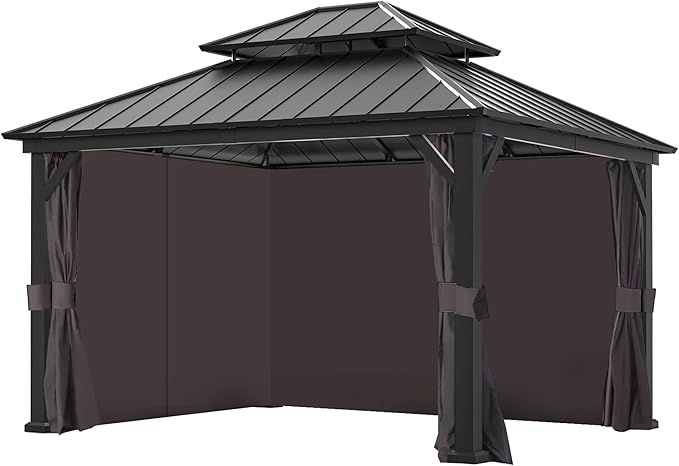 Covered Outdoor Yarn-Dyed Gazebo Curtains Replacement Universal 4-Panel Sidewalls 10' x 12', Outdoor Gazebo Privacy Curtains with Zipper, Replacement for Patio, Outdoor and Backyard (Curtain Only)