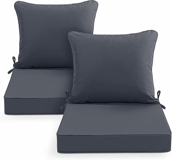 Summsun Waterproof Outdoor Cushions for Patio Furniture, Fade Resistant Backrest and Deep Seat Cushion Set with Removable Cover, 22 x 22 Inch, Dark Grey, Set of 2