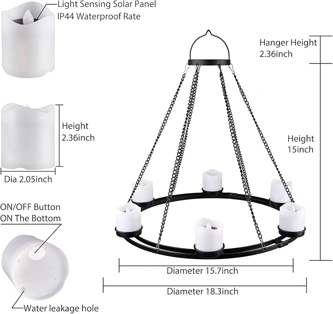Outdoor Chandelier Solar, Hanging Candle Lantern with 7pcs Solar Powered Votive Lights in Matt Black Finished Metal Candle Holders for Home, Garden, Backyard, Pergola, Gazebo, Tree, Window Decor