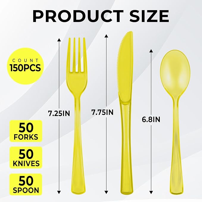 75 PCS Plastic Silverware Disposable Silverware Heavy Duty Utensil Sets 25 Of Each Forks Knives & Spoons Disposable Cutlery Set For Easter,Birthday,Baby Shower,Garden Party,Wedding(75,Yellow)