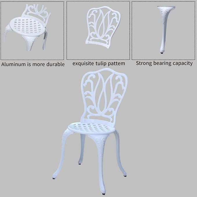 KAILI Patio Bistro Sets 3 Piece cast Aluminum Patio Furniture Outdoor Garden Metal Rust Proof Tables and Chairs White bisrto Set (Big Tulip-White)
