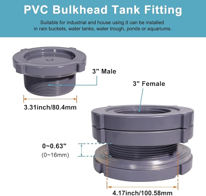 Ququyi 3 Inch PVC Bulkhead Water Tank Connector Adapter Fitting with Plugs Thru-Bulk Pipe Fitting for Rain Barrels, Aquariums, Ponds(Set of 1)