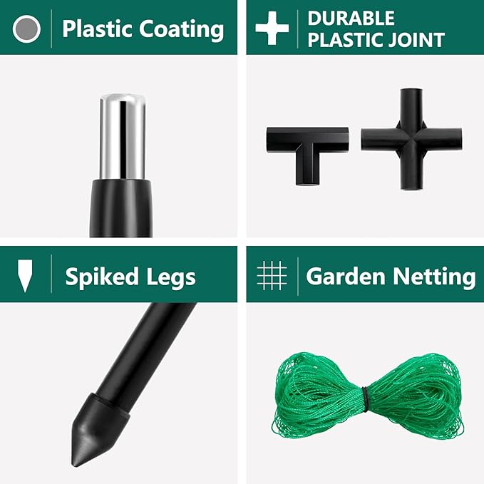 6 ft Tall, Garden Trellis for Climbing Plants Outdoor with Nylon Net for Cucumbers Vines Beans Raised Bed - Lightweight Metal, Black