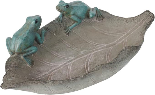 Bird-Feeder Wild Birdbath Bowl Outdoors - Garden Decor Birdfeeder for Outdoor Polyresin Frogs on Leaf Bath Bowl for Outside Yard Table Decor 12 x 7.25 x 3.5 inch Newman House Studio