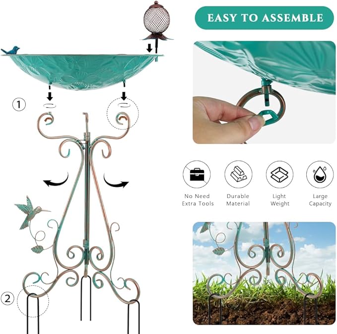 VEWOGARDEN Large Metal Bird Bath for Outside Garden Standing Birdbath with Feeder for Outdoors Yard Patio Lawn Decoration, Light Green