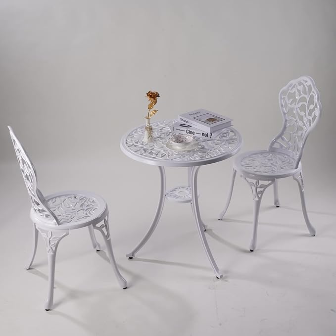 KAILI Patio Bistro Sets 3 Piece cast Aluminum Patio Furniture Outdoor Garden Metal Rust Proof Tables and Chairs White bisrto Set (Leaf-White)