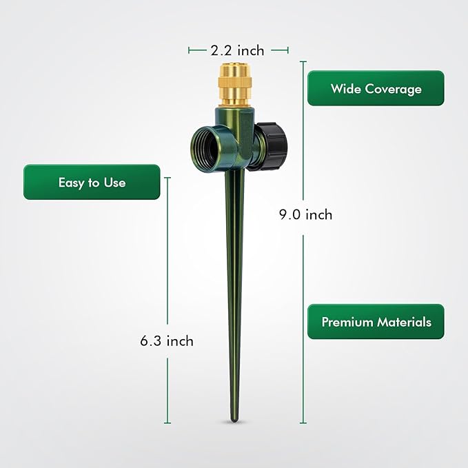 RESTMO 2 Pack Heavy-Duty Full-Metal Lawn Sprinkler for Yard with Durable Brass Nozzle, Premium Spike Base, 360° Large Area Coverage Lawn Sprinkler for Patio and Garden Irrigation