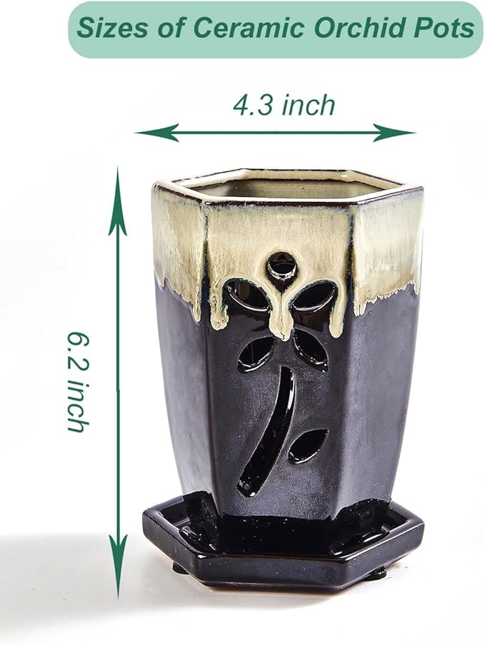 vensovo 4 Inch Ceramic Orchid Pot with Holes and Saucer, 1 Pc Small Hexagon Succulent Planter for Repotting, Garden Flowerpot for Indoor Outdoor Plants, Promotes Air Circulation (Black Mixed)