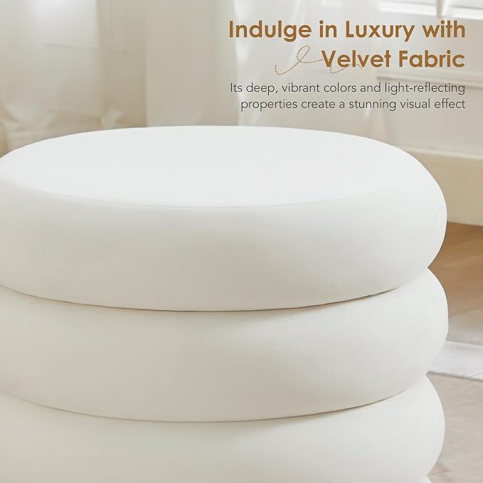 Flouki 19.5" Storage Ottoman Round, Vanity Stools for Bedroom, Entryway Ottoman for Console Table, Ottoman Stool for Girls Women, Foot Stool for Living Room, Velvet White