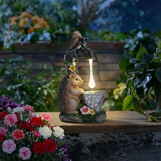 TERESA'S COLLECTIONS Garden Decor, Set of 2 Cute Hedgehogs and Faucet Garden Decor, Waterproof Resin Garden Statue, Hedgehogs Gift, Garden Gift for Women Mom, Indoor/Outdoor