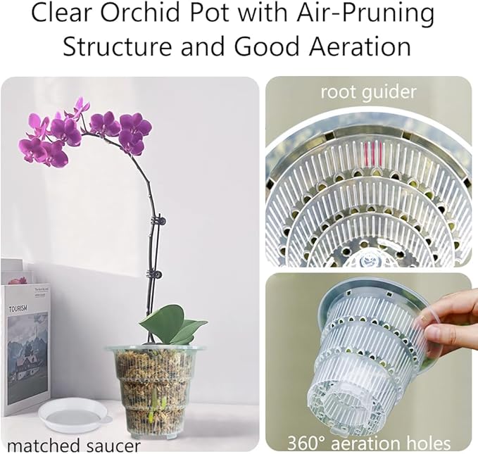 4 inch Clear Orchid Pots with Holes and Saucers for Repotting,Pack of 4,Small Plastic Orchid Planters Provide Good Air Circulation,Nursery Pots for Succulents,Herbs,Aloes,Mint