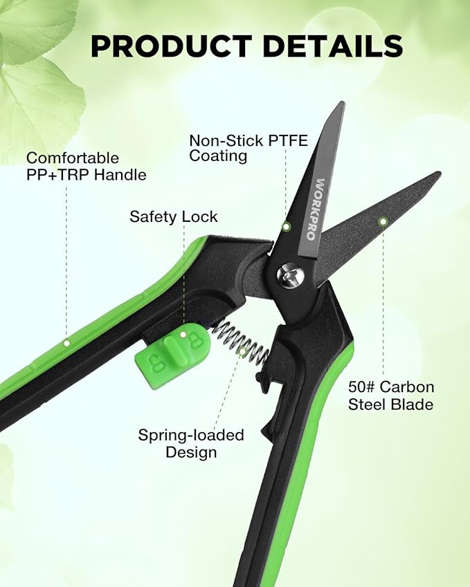 WORKPRO 6-Inch Pruning Shears, Sharp Gardening Scissors for Precise Cuts, High-Carbon Steel Plant Shears with Safety Lock, Garden Clippers for Cutting Flowers, Trimming Plants, Picking Fruits