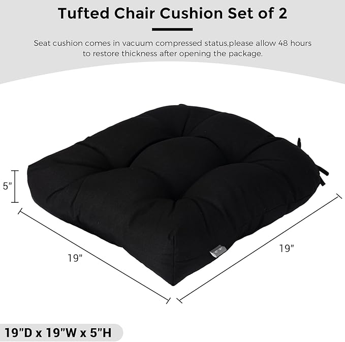 FUNHOME Outdoor Chair Cushions 19 x19 Inch,Water Resistant Tufted Seat Cushions 19",Reversible,Weather Resistant,Rounded Back Wicker Chair Cushion for Patio Garden Furniture(Black)