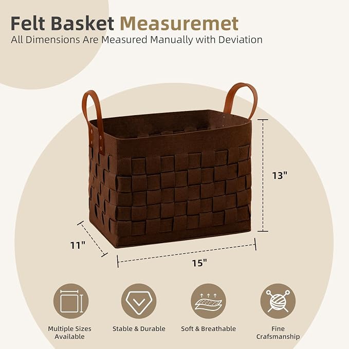 boldmonkey Laundry Basket 15 " x13 x11 2 Pack, Large Rectangular Felt Fabric Blanket Basket with Leather Handle, Dirt Clothes Laundry Hamper for Babies, Dogs and Living Room-Brown