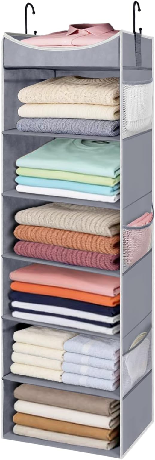 6-Shelf Hanging Closet Organizer and Storage with Side Pockets, Collapsible Closet Hanging Shelves for Storage, Grey