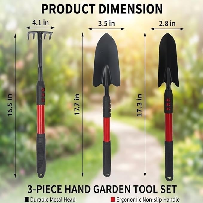 Garden Tools Set, 3 Gardening Tools Include Hand Trowel, Rake, Transplant Shovel, Lightweight Heavy Duty Garden Tool with Non Slip Handle for Yard Weed, Plant, Crack, Gardening Gift for Men & Women