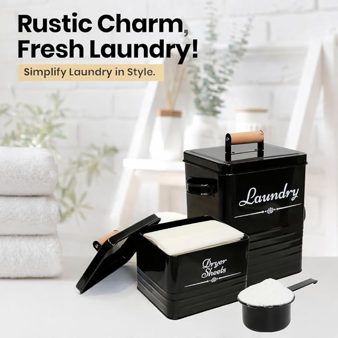 Farmhouse Metal Laundry Detergent Pod Container With Dryer Sheet Holder | Laundry Room Organization & Storage Containers for Powder, Pods, Dryer Sheets & Beads, Holds Over 200 Pods and 300 Sheets