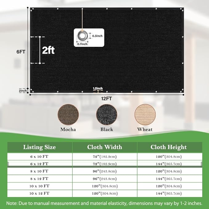 SEEYE 90% Sun Shade Cloth, 6 x 12 FT Durable Privacy Screen Shade Cover, Pergola Shade Cover with Grommets, UV Block Mesh Tarp for Plant Cover, Greenhouse, Patio, Chicken Coop, Balcony, Black