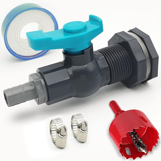 Rain Barrel Spigot PVC Faucet Kit Water Diverter Kit with Bulkhead Fitting, Ball Valve, Garden Hose Barb(25mm) Adapter, Pipe Clamps, Thread Tape, Hole Saw(for 25mm ID Hose)