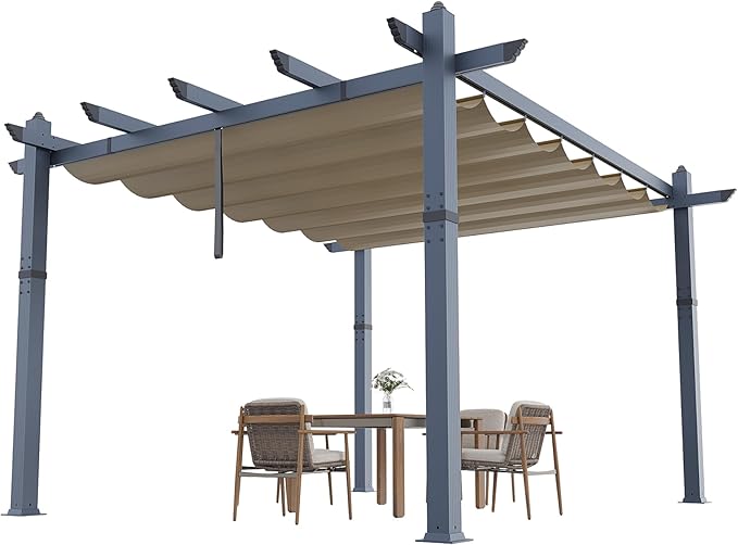 GarveeLife 10x13 ft Pergola Outdoor Metal Pergola with Adjustable Canopy Reinforced Frame Outdoor Shelter for Backyard Garden Deck - Khaki