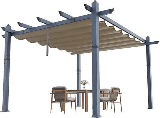 GarveeLife 10x13 ft Pergola Outdoor Metal Pergola with Adjustable Canopy Reinforced Frame Outdoor Shelter for Backyard Garden Deck - Khaki