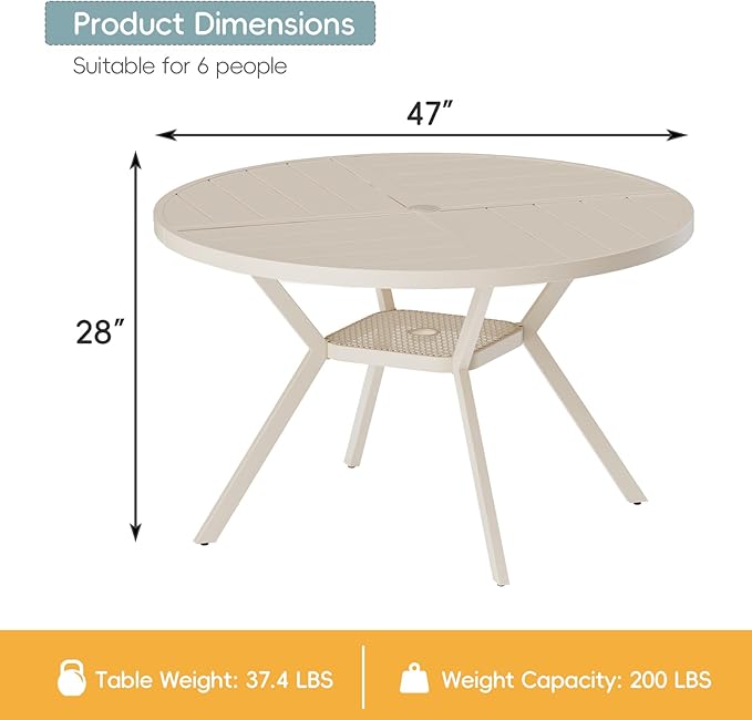 47" Outdoor Patio Table Dining Table, All Weather Metal Round Patio Table with Adjustable Umbrella Hole, Patio Furniture for Lawn Garden Backyard, Sandshell