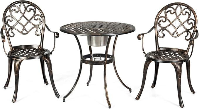 Giantex 3pcs Bistro Table Set Cast Aluminum Outdoor Patio Furniture Set Round Table W/Removable Ice Bucket, 2 Chairs Antique Garden Furniture Weather Resistant (Antique Bronze)