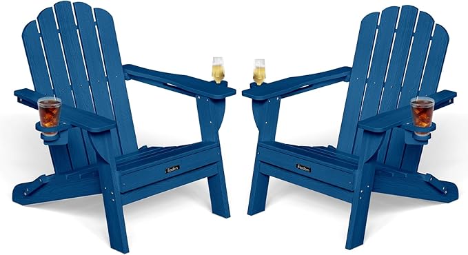 Adirondack Chairs Set of 2, Wood Texture Fire Pit Chairs, Plastic Adirondack Chairs with 2 Cup Holder, Outdoor Lawn Chair for Patio Garden, Navy Blue