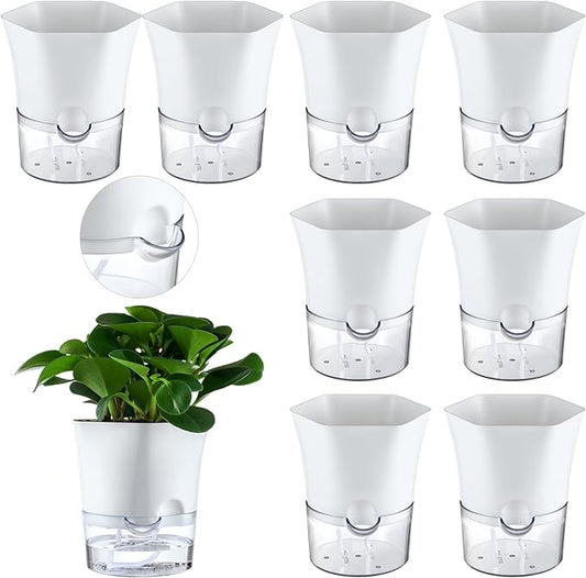 8-Pack 6" Clear Self Watering Pots for Indoor Plants Large Hexagon Self-Watering Planters Orchid Pots Plastic Wick Flower Plant Pots for African Violet, Spider, Herbs, Home Decor, White and Clear