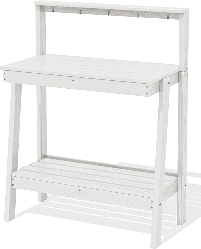 SERWALL Potting Bench Outdoor with Storage, 3-Tier HDPE Gardening Table with Angled Legs & Tool Hooks, All-Weather Heavy Duty Potting Table for Patio, Backyard, Garden,White