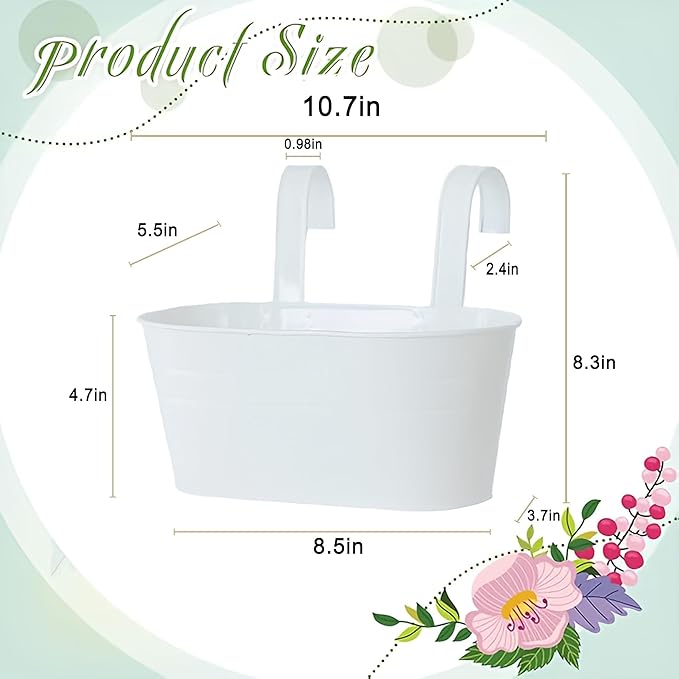 10.6 Inch 3 Pack Long Slot Wrought Iron Hanging Flower Pots Small Metal Hanging Flower Basket with Removable Hooks and Drainage Holes Suitable for Porch Railing Balcony Fence Garden (BS)