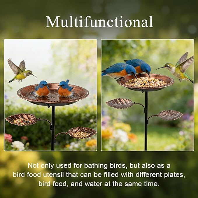 3 in 1 Metal Bird Bath for Outside, 35.43" Freestanding Birdbath with 5 Prong Stake Base, 12" Bowl, Vintage Bronze, Garden Patio Yard Decor