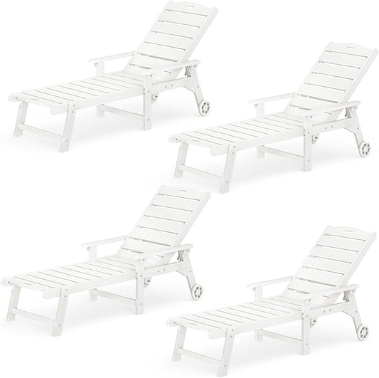 LUE BONA Outdoor Chaise Lounge Chairs Set of 4, HDPS Chaise Lounger, 5 Positions Adjustable Lounge Chairs, Pool Lounge Chair with Wheels for Poolside, White