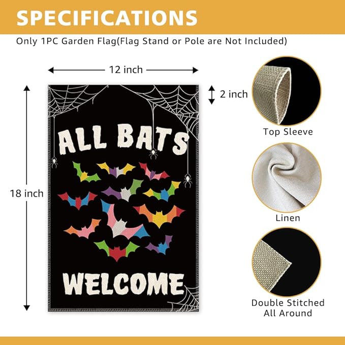 All Bats Welcome Garden Flag - Double Sided Yard Outdoor Farmhouse Lawn Porch Decor, Halloween Bats Decor, Inclusive Equality Diversity Flag, LGBTQ Pride