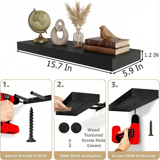 IAE Floating Wall Shelves 16 inch,Bathroom Shelving Wall Mounted,Black | Invisible Shelf Floating Kitchen Shelves, Wooden wall Shelf with Brackets for Living Room wall Mounted,Easy Install,Set of 2