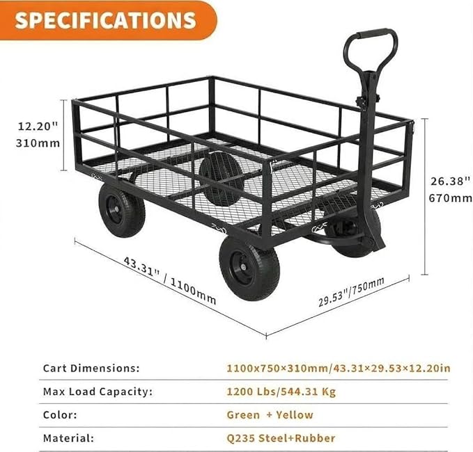 Heavy Duty Steel Garden Cart, 1200 LBS Load Capacity Garden Wagon with 10 inch Tire and 180° Rotating Handle Attach to ATV or Tractor, Yellow