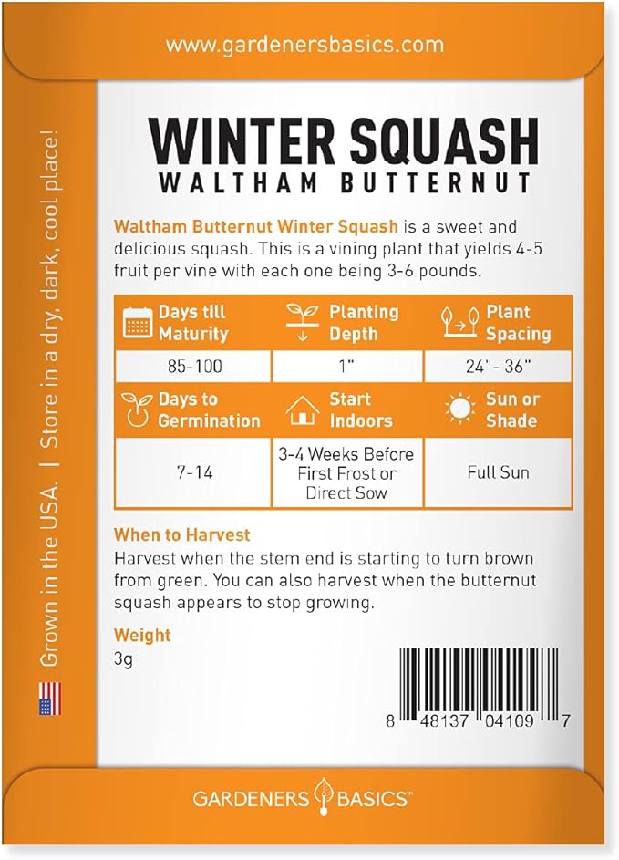 Gardeners Basics, Butternut Squash Seeds for Planting - Waltham Heirloom Non-GMO Winter Storage Vegetable Plant for Home Garden Vegetables Makes a Great Gift for Gardening