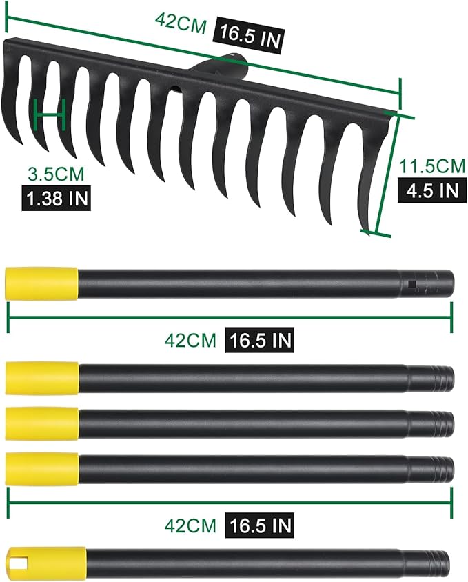 Garden Rake Heavy Duty, 74 Inch Metal Rake with 12 Tines, Bow Rake with Long Handle for Loosening Soil Leveling Lawn Farming Land, Black