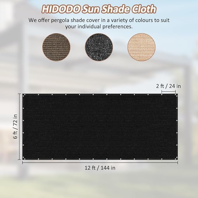 90% Shade Cloth with Grommets, 6 x 12 FT Sun Shade Tarp Pergola Shade Cover Canopy, UV Block Privacy Sun Screen for Outdoor, Patio, Garden, Porch and Deck, Black