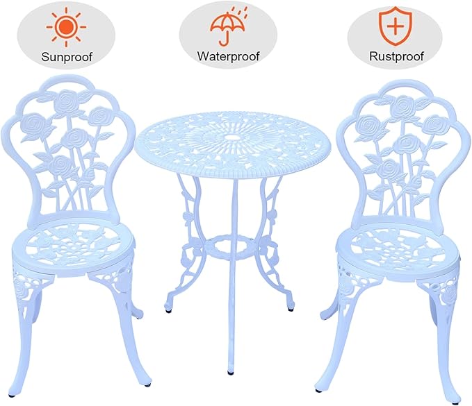 3-Piece Cast Aluminum Outdoor Bistro Set, Outdoor Table and Chairs Set of 2 with Umbrella Hole for Patio Garden Park(White, Rose)